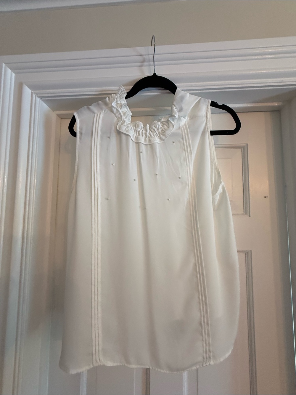 Zara White Ruffled Sleeveless Top with Pearl Details
